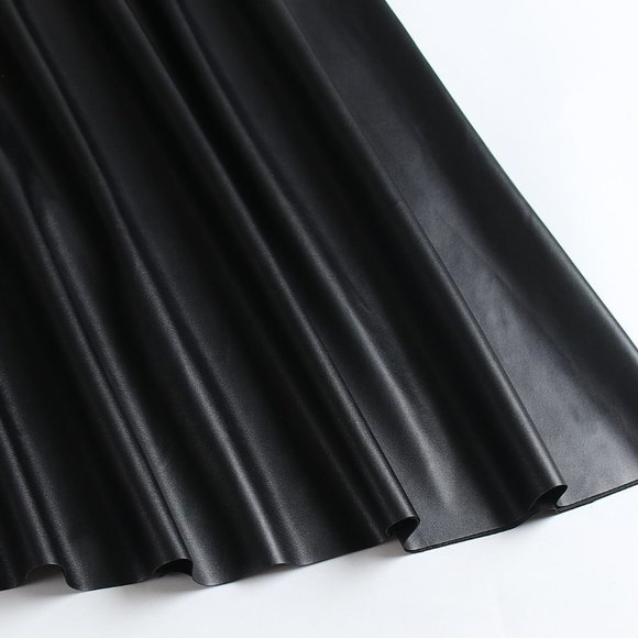 Black Preppy Womens Plus Solid PU Leather Flare Skirt - Picture 4 of 5